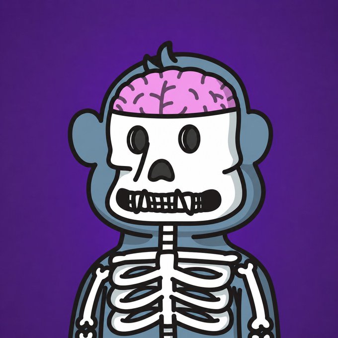 A cartoon-style illustration of a skeletal ape with an exposed pink brain atop a grayish-blue skull, set against a purple background, visually representing the "Ink Ape" NFT collection mentioned in the mint announcement.