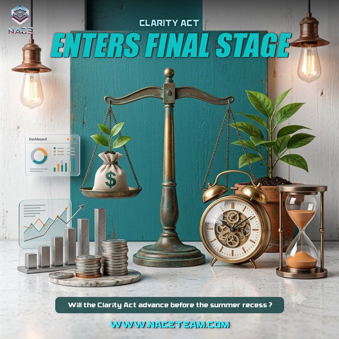 A promotional graphic featuring a brass scale of justice beside a money bag with growing plants, an alarm clock, hourglass, and stacked coins, with text reading "CLARITY ACT ENTERS FINAL STAGE" and "Will the Clarity Act advance before the summer recess?" alongside the NACE logo and website "www.naceteam.com."