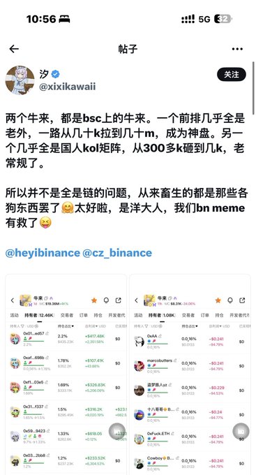 A screenshot of a Chinese social media post by @xixikawaii titled "帖子" discussing BSC cryptocurrency trends, mentioning two bulls where front-runners are mostly old foreigners pulling from tens of thousands to hundreds of thousands, while the backend is a domestic KOL matrix jumping from 300k to 7k, questioning whether this is a chain issue. The post tags @heyibinance and @cz_binance, and includes screenshots of trading leaderboards showing tokens like "牛来" with holdings of 12.46K and 1.08K, featuring traders such as Oxfi...eb97, Oxf...66b5, and 0xCF...9c69.