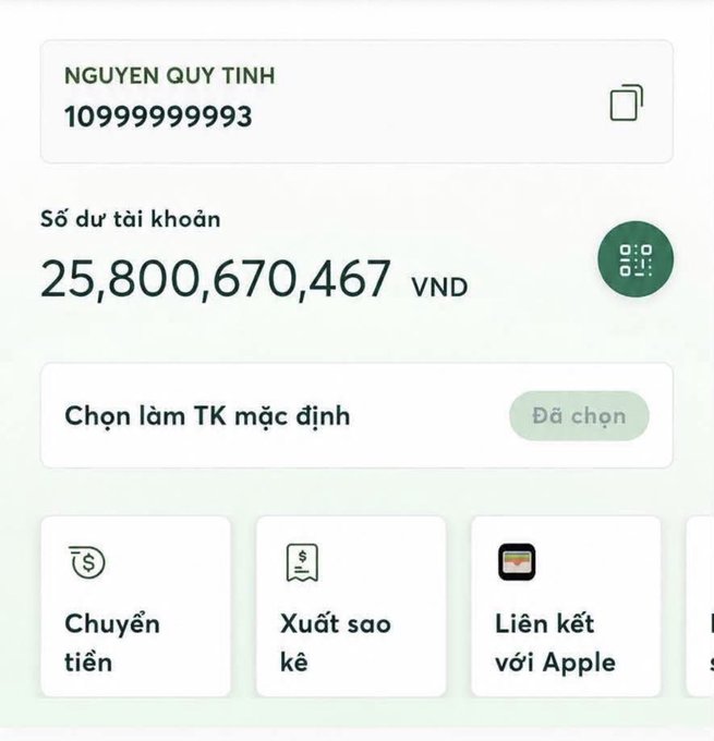 A Vietnamese banking app screenshot showing account holder "NGUYEN QUY TINH" with account number 10999999993 and a balance of 25,800,670,467 VND, with options to transfer money or view statements.