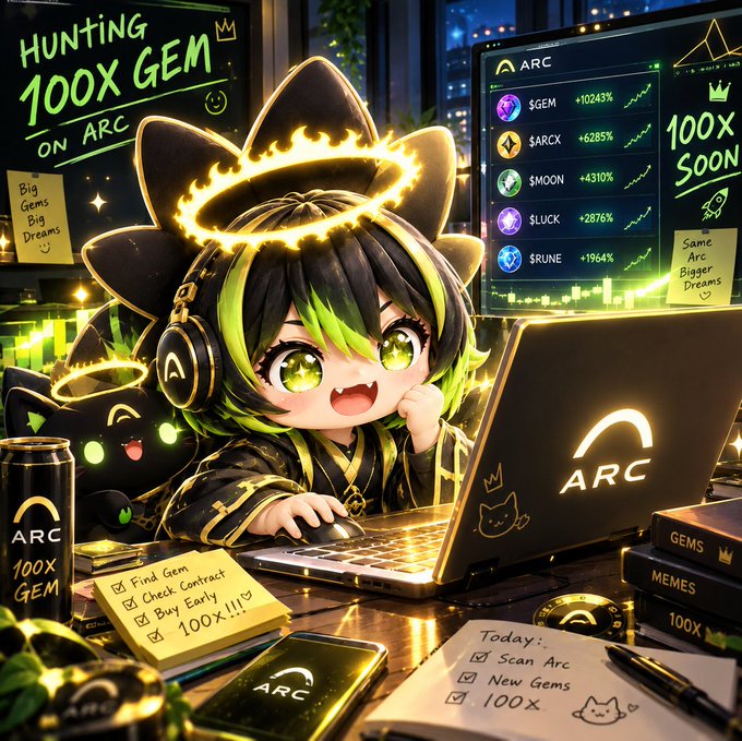 An anime-style illustration of a green-haired character with glowing green eyes and a halo, sitting at a laptop branded with 'ARC' surrounded by cryptocurrency charts showing tokens like $GEM, $ARCX, $MOON, $LUCK, and $RUNE, with sticky notes reading 'HUNTING 100X GEM ON ARC' and to-do lists like 'Find Gem, Check Contract, Buy Early, 100X!!!'.