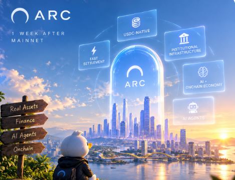 A promotional graphic for 'ARC' showing a futuristic cityscape with features like USDC-NATIVE, FAST SETTLEMENT, INSTRUCTIONAL INFRASTRUCTURE, AI + ONCHAIN ECONOMY, and AI AGENTS, marked '1 WEEK AFTER MAINNET'.