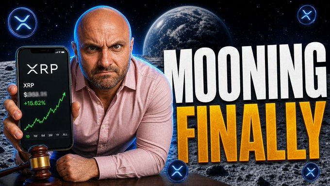 A bald man in a pink shirt holds a smartphone displaying XRP at $350.99 with a +15.62% increase alongside a green chart, with a gavel and moon/Earth backdrop accompanying the bold text "MOONING FINALLY." The image visually reinforces the post's claim of imminent XRP price explosion, pairing the speculative "buyout rumors" narrative with imagery of a gavel (legal catalyst) and the moon (price target) to hype a massive rally.