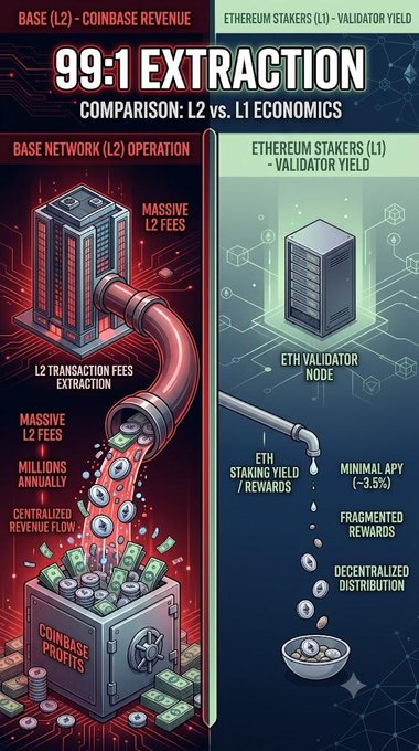 An infographic comparing Base (L2) Coinbase revenue extraction versus Ethereum Stakers (L1) validator yield, showing a 99:1 extraction ratio.
