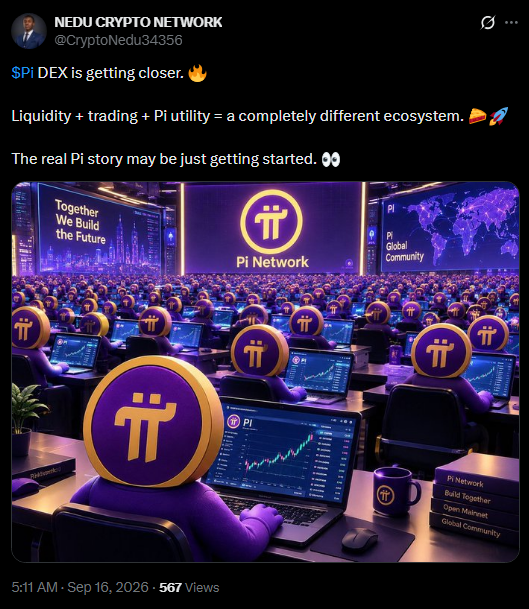The image is a tweet from "NEDU CRYPTO NETWORK" (@CryptoNedu34356) captioned "$PI DEX is getting closer," featuring a vibrant illustration of Pi Network's global community watching trading charts and the phrase "Together We Build the Future." The visual reinforces the post's theme by depicting Pi Network supporters engaged with trading activity, symbolizing growing anticipation around the potential launch of Pi's decentralized exchange.