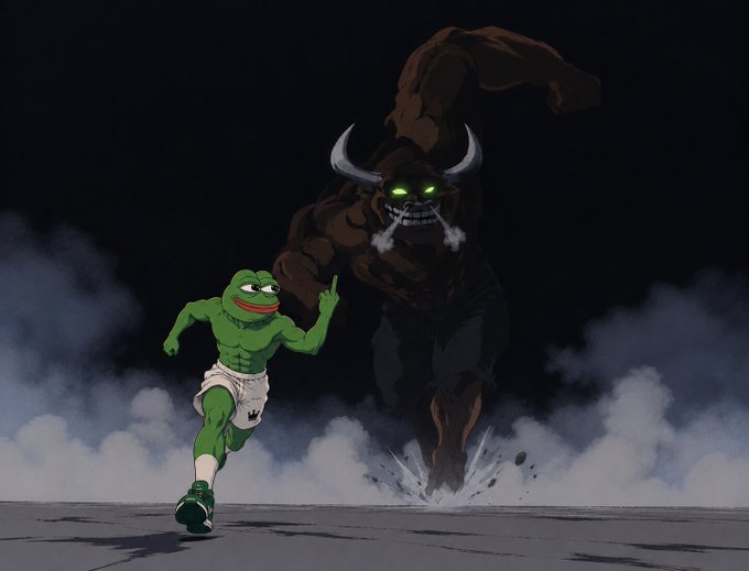 The cartoonish image humorously illustrates "how to summon a bull" by showing Pepe the Frog running away in terror as a massive, menacing bull with glowing green eyes and horns charges through a cloud of dust behind him, depicting the internet slang of triggering or inviting bullish market momentum.