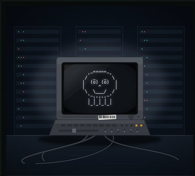 A retro-style computer terminal displays a pixelated smiley face with horns on its screen, set against server racks with status lights, reinforcing the "HYPE TERMINAL" NFT theme. Cables trail from the keyboard, and a small barcode sticker on the monitor adds to the vintage tech aesthetic of the meme promoting the discount prize on OpenSea.