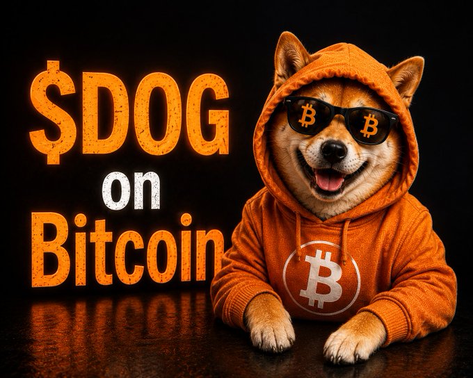 A Shiba Inu dog wearing an orange hoodie and Bitcoin-themed sunglasses, accompanied by the text "$DOG on Bitcoin".