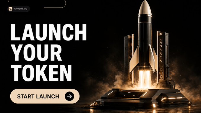 An advertisement for hookpad.org featuring the text 'LAUNCH YOUR TOKEN' next to a 3D rendering of a rocket launching from a platform.