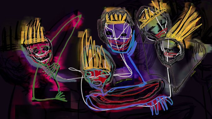 A colorful, abstract digital drawing featuring multiple stylized figures with spiky yellow hair against a dark purple background.