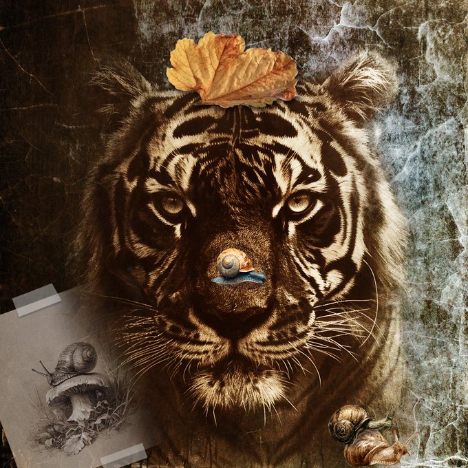 The image features a tiger with its nose covered by an orange leaf, giving it a unique appearance. The background of the image includes a drawing of a snail along with some other objects such as mushrooms and snails. There are also two drawings on the wall behind the tiger's head. The post has been edited to include a new element that is not related to the original content but rather adds an interesting twist, possibly a mix-up in media or a creative alteration of the image.