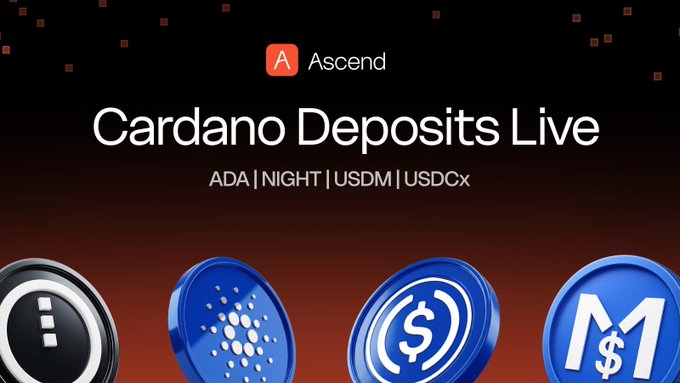 A promotional graphic for 'Ascend' announces 'Cardano Deposits Live' with 'ADA | NIGHT | USDM | USDCx' listed below, showing coin icons for each token.