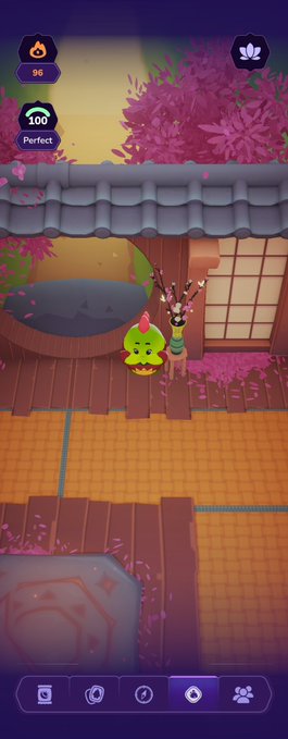 A screenshot of a mobile game featuring a green bird-like character and a character with antlers on a Japanese-style rooftop, with UI elements showing a score of 96 and a 'Perfect' rating of 100.