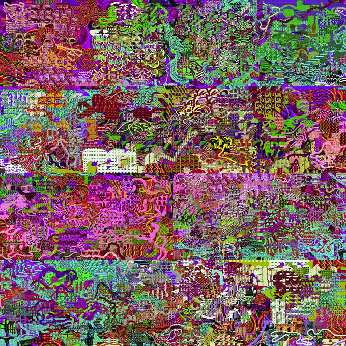 An abstract chaotic artwork composed of densely packed grid sections filled with swirling neon colors, scribbles, and intricate patterns in pink, green, purple, and yellow.