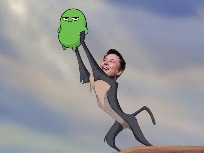 A digitally edited image of Elon Musk's face attached to a slender cartoon body, reaching up to hold a grumpy green blob creature against a cloudy sky background.