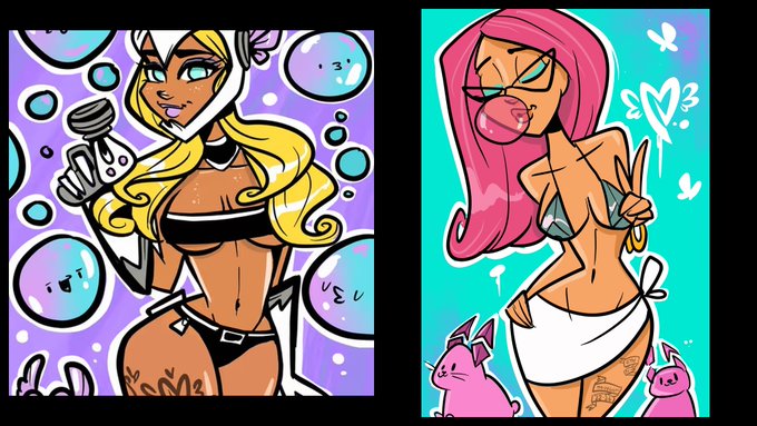Two cartoon-style illustrations side by side show stylized female characters; the left features a blonde woman in a black bikini with bubbles, and the right features a pink-haired woman in a white skirt blowing a bubble.