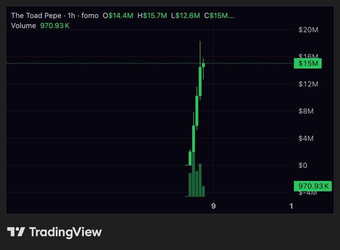 The image shows a TradingView chart for "The Toad Pepe" meme coin with a market cap reaching $15M and volume of 970.93K, illustrating the rapid price spike the poster is reacting to in disbelief. The candlestick chart displays a sharp vertical surge to the $16M level, visualizing the unexpected momentum behind the obscure "toad" token the user is questioning.