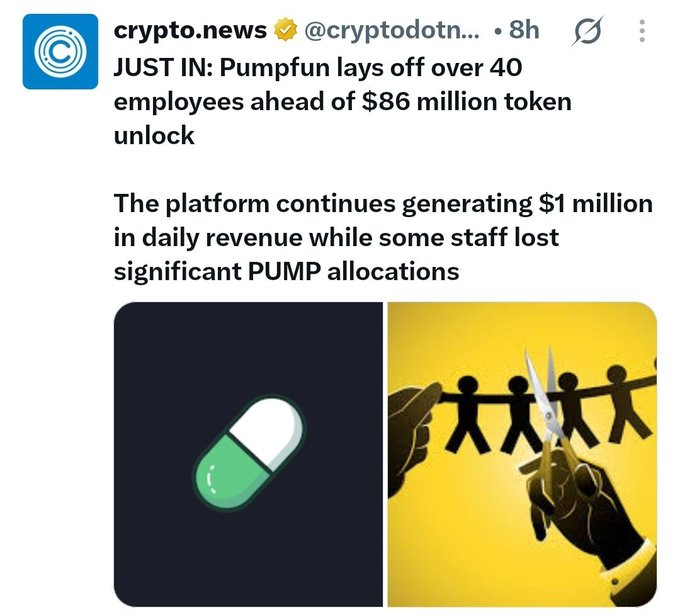 A tweet from @cryptodotnews on crypto.news states: "JUST IN: Pumpfun lays off over 40 employees ahead of $86 million token unlock," noting the platform continues generating $1 million in daily revenue.