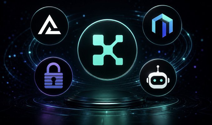 A dark futuristic digital graphic displaying a central glowing teal star/asterisk icon surrounded by four smaller circular icons including a triangular logo, lock symbol, robot head, and another abstract emblem, all set against a cosmic blue background.