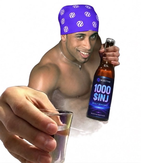 A shirtless man wearing a purple bandana smiles while holding a bottle labeled 'INJECTIVE 1000 $INJ ZEALY SEASON 2 INJECTIVE PROTOCOL' and offering a glass forward.