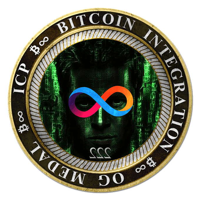 The image features a circular logo with a face, which has an "infinity" symbol above its eyes. The logo also includes text that reads "ICO #NFT @DKLORD89", indicating that this design might be related to Bitcoin integration or ICOs (Initial Coin Offerings).