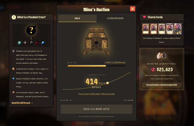 A 'Mina's Auction' game interface showing a pendant auction with 1,660/2,500 minted, current price 414 keys, a boosted jackpot pool of $21,623, and Charm Cards.