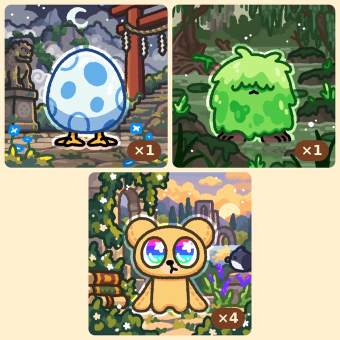 Three pixel-art style game characters are displayed: a blue spotted egg creature (x1), a green slime (x1), and a golden bear with rainbow eyes (x4).