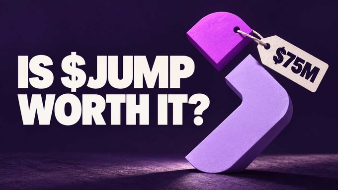 A bold graphic featuring a large purple question mark with a "$75M" price tag against a dark background, alongside the text "IS $JUMP WORTH IT?"—visually emphasizing the post's central question about whether Jumper's ($JUMP) $75M sale valuation could lead to a significantly higher $400M listing.