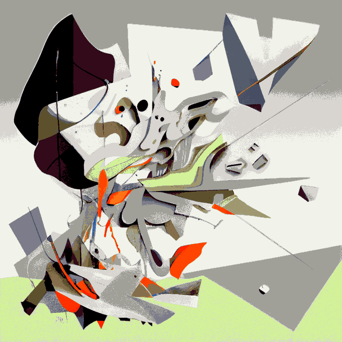 The image features a large abstract piece of art with various shapes, including triangles, rectangles, and circles, all in shades of gray and white. The artwork appears to be a collage or mixed media piece that incorporates elements from different sources. The background is a light green color, which contrasts with the darker tones used for the shapes and forms within the artwork. The image also includes text that reads "memories of the record store in front of that catholic school and that person that could guess any puppy's name on secondary for 35 tezos objkt.com/tokens/KT1Cwt2". This text seems to be related to the artist or the subject matter of the artwork, possibly providing context or background information about the piece.