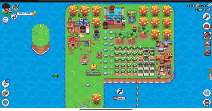 A pixel-art farming/building game displays an island with crops, trees, characters, and various structures, showing player stats at the top including 'HEN DELIVERY', 95 energy, and 0.704K currency.
