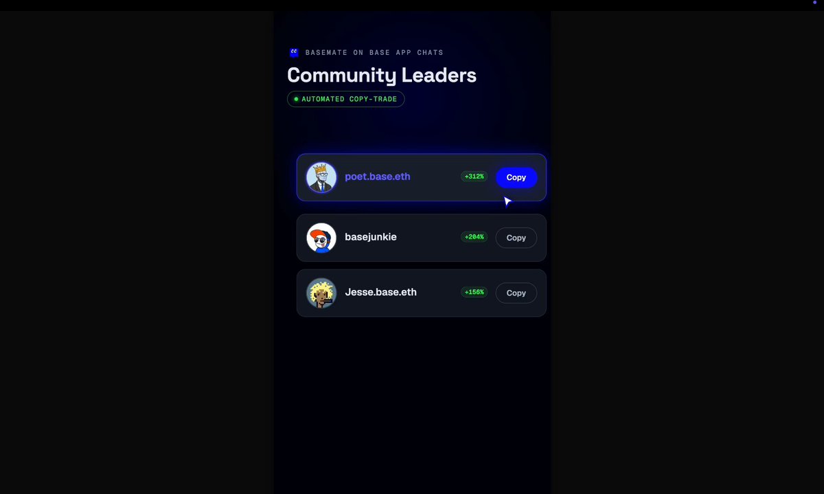 The image features a screenshot of an app interface that displays information about Copy trading in the Base app. The app, which was described as very basic, now has this feature integrated into its system. Users can copy their trading data directly from the Base app chat room to another platform, such as Trade Bot or Market Bot. This automation process allows traders to focus on more complex tasks and makes trading faster and more efficient by eliminating the need for manual data entry.