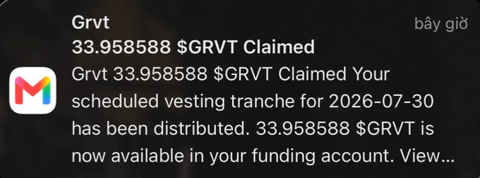 A smartphone notification from Gmail for "Grvt" reading: "33.958588 $GRVT Claimed. Your scheduled vesting tranche for 2026-07-30 has been distributed. 33.958588 $GRVT is now available in your funding account."