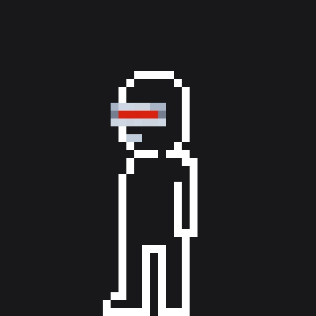 The image features a white character with red eyes, standing against a black background. The character appears to be wearing a headset or goggles that have a red light at the top of them. This character seems to be the main focus of the image, as there are no other objects or people present in the scene.