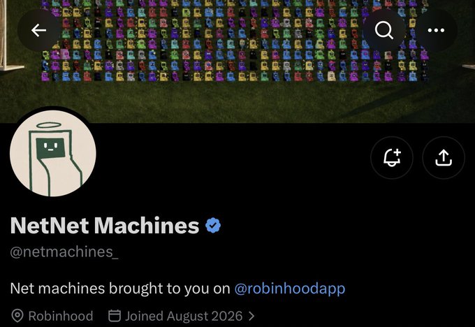 The image shows the Twitter/X profile of "NetNet Machines" (@netmachines_), featuring a pixel-art robot avatar and a header image of colorful pixel characters, with the bio noting "Net machines brought to you on @robinhoodapp." The profile is relevant to the whitelist raffle announcement, as participants are required to follow @netmachines_ along with @Amordeev to qualify.