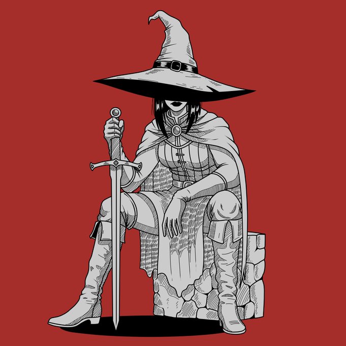 A black and white illustration of a witch with a large pointed hat, holding a sword and sitting on a stone block against a deep red background.