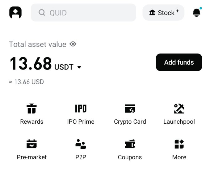 A mobile app screen displaying a balance of '13.68 USDT' (approximately 13.66 USD), featuring menu options like Rewards, IPO Prime, Crypto Card, and Launchpool.
