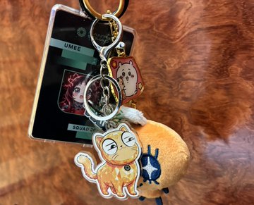 A keychain collection featuring anime-style cat charms and a phone, including a small orange cat figure holding a coin.