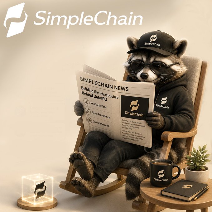 An illustrated mascot of a raccoon wearing sunglasses and a 'SimpleChain' cap, sitting in a rocking chair reading 'SIMPLECHAIN NEWS' about 'Building the Infrastructure Behind DataPO' with a coffee mug nearby.
