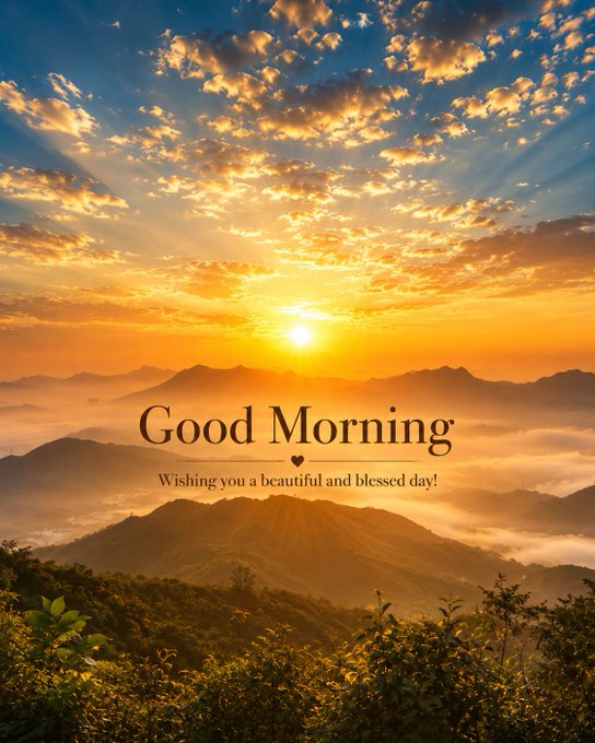 The image features a beautiful sunrise over mountains at an early morning time. The sky is filled with orange and yellow hues as the sun rises, casting its warm glow across the landscape below. In the foreground of the photo, there are trees that add depth and texture to the scene. The text in the image reads "Good Morning X Fam! Wish you a beautiful and Blessed day!"