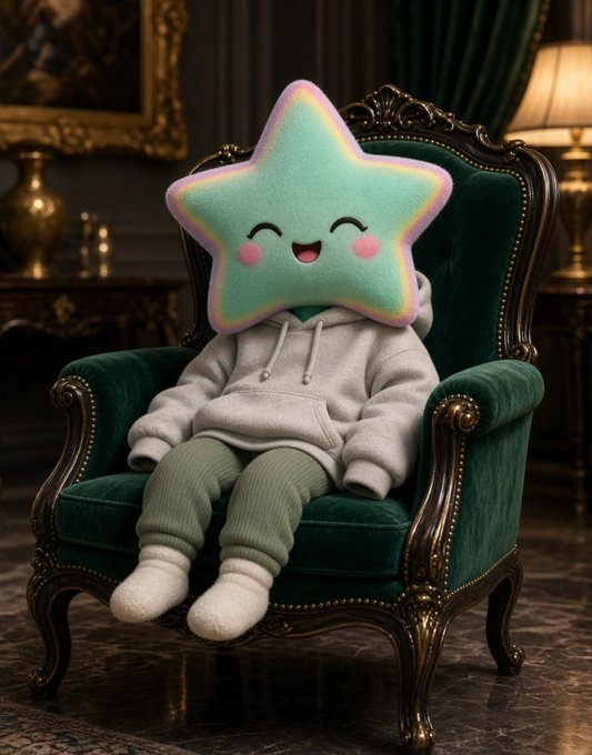 A small figure sits in an ornate green velvet armchair with gold trim. The figure wears a gray hoodie and green sweatpants, with its head replaced by a smiling, plush star-shaped character in pastel rainbow colors.