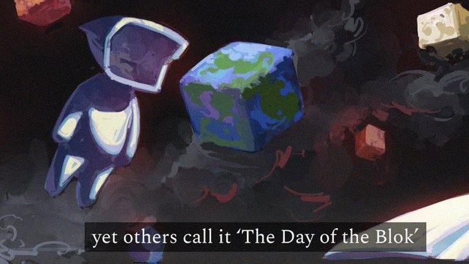 Animated illustration of an astronaut floating in space near Earth, with red rocks and another astronaut helmet in the background, featuring the caption 'yet others call it The Day of the Blok'.