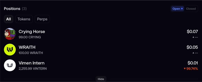 A trading positions interface displaying three open tokens: 'Crying Horse' at $0.07, 'WRAITH' at $0.05, and 'Vimen Intern' at $0.01 (down 99.74%).