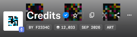 The image shows a digital collectible or NFT titled "Credits" with a pixelated mosaic design, displaying a supply of 12,033, created by user "BY F2334C" in September 2026, tagged as "ART." This relates to the post by @jackbutcher, who questions whether the supply of the "Credits" NFT is limited to 12,033 because no further minting activity has occurred, referencing the visible supply number on the collectible's page.