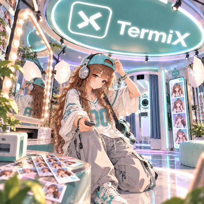 An anime illustration of a girl with long brown hair wearing a backwards teal cap and headphones, sitting inside a stylized photo booth with a glowing 'TermiX' logo above.