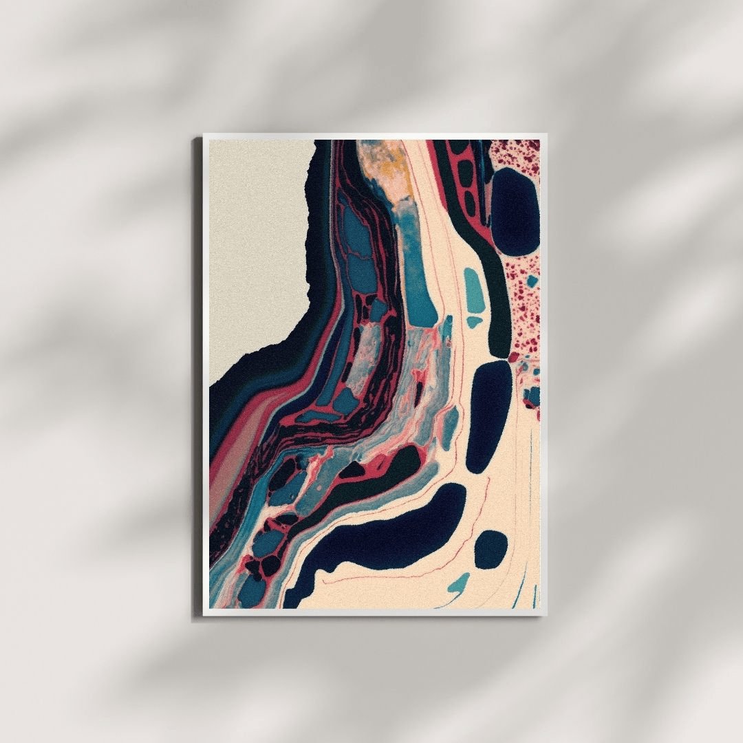 The image features a poster with an abstract design that includes blue, pink, and white colors. The poster has a unique texture resembling a river or waterfall, adding depth and visual interest. It is displayed against a white background, which highlights its vibrant colors and intricate details.