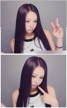 A young woman with long dark purple hair and a nose ring poses in two stacked photos against a gray background, wearing a black and white top and flashing hand signs.