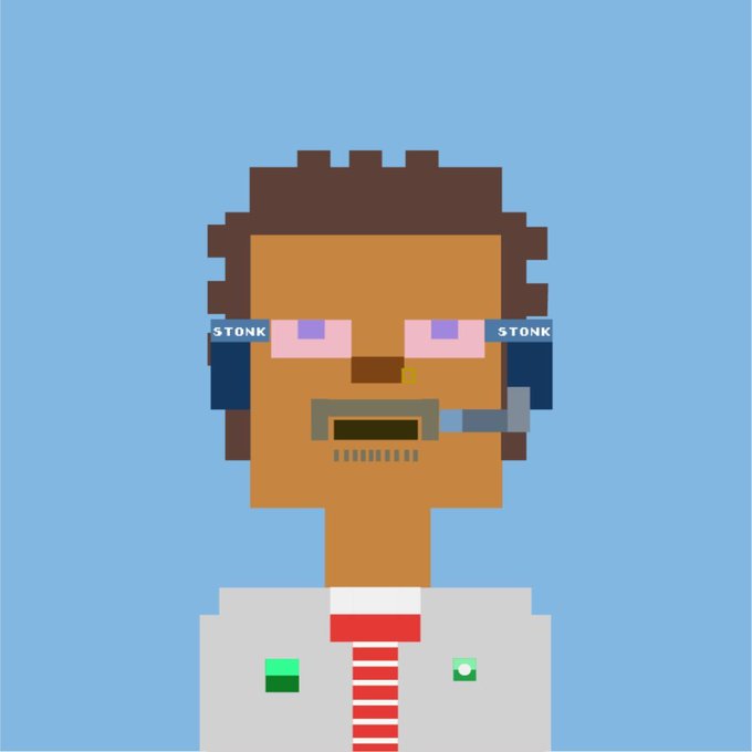 A pixel art character portrait of a brown-skinned man with dreadlocks, pink-tinted sunglasses labeled "STONK", a small cigar, and a grey shirt with a red and white striped tie.