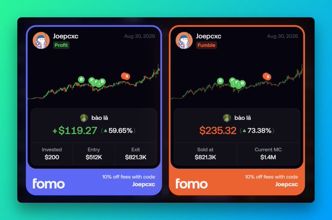 Two Fomo app trading cards display profit statistics for 'Joepxcx' dated Aug 30, 2026, showing gains of +$119.27 and $235.32 with promotional code 'Joepxcx'.