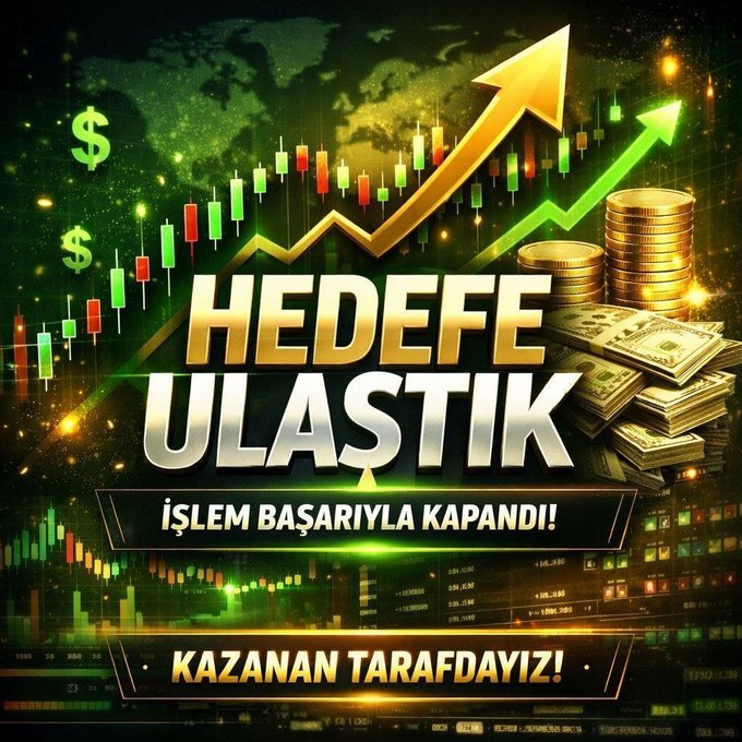 A promotional graphic featuring bold text "HEDEFE ULASTIK" (We Reached the Target) and "İŞLEM BAŞARIYLA KAPANDI! KAZANAN TARAFDAYIZ!" (Trade Successfully Closed! We Are on the Winning Side) over a background of green and red candlestick charts, upward arrows, gold coins, and stacks of cash, visually celebrating the profitable trade results mentioned in the post.