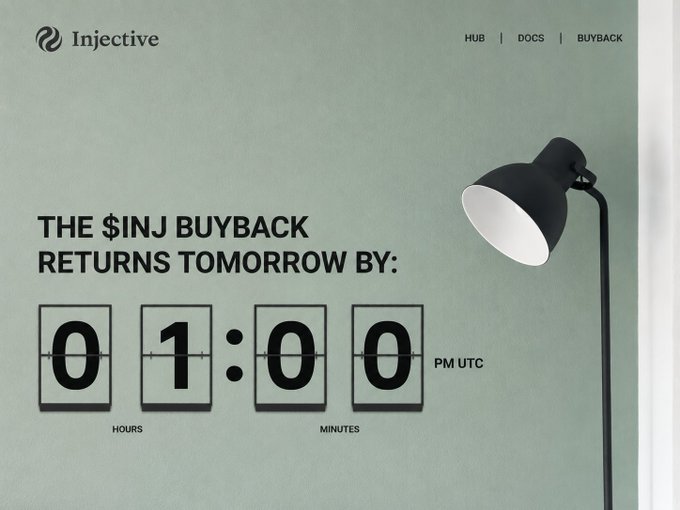 An Injective promotional banner announcing the '$INJ BUYBACK RETURNS TOMORROW BY 01:00 PM UTC' with a flip clock countdown.